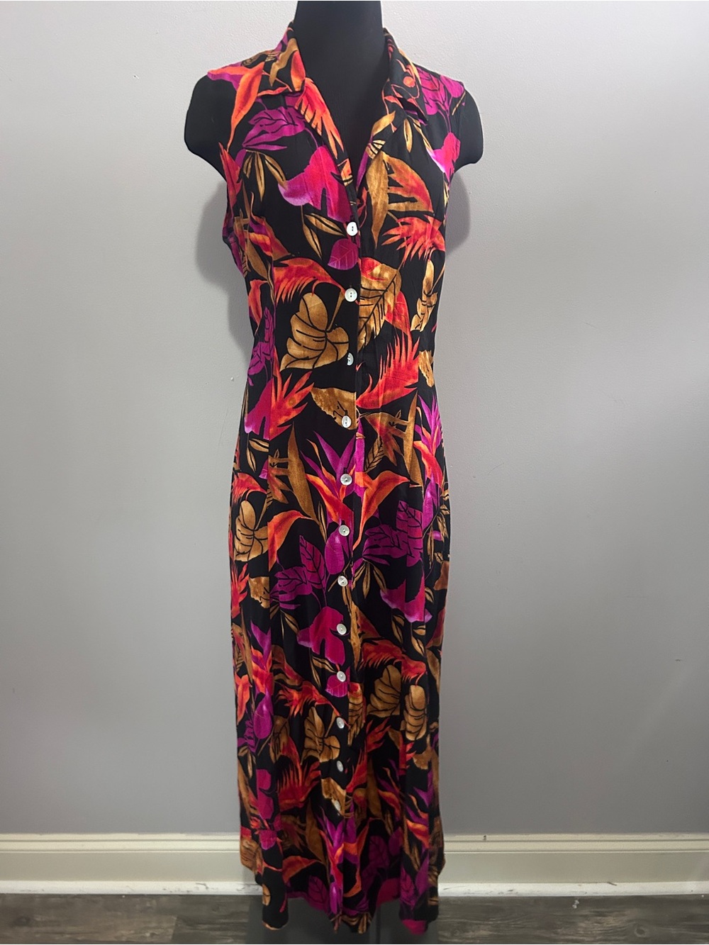 California Krush Tropical Print Maxi Dress L 100% Rayon Resort Vacation Dress - Picture 4 of 7